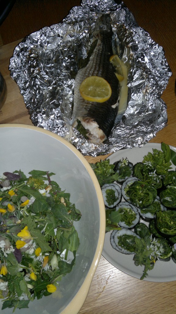 Baked gray mullet, foraged sushi, wild salad
