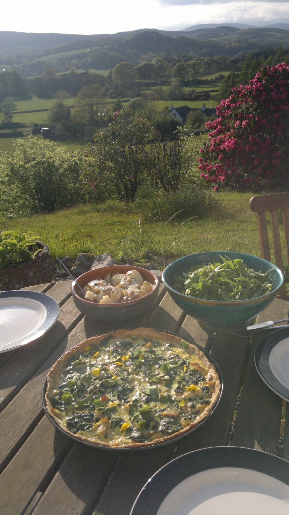 Smoked haddock + orache tart, wild salad, Drummore tatties.