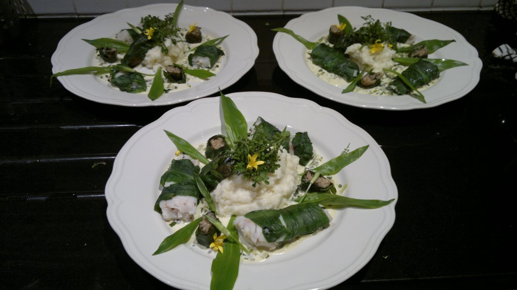 Coley stamed in ramsons, dolmades, lesser celandine